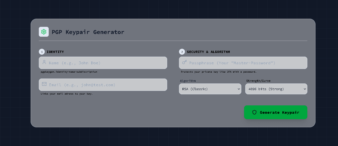 PGP keypair generator tool screenshot